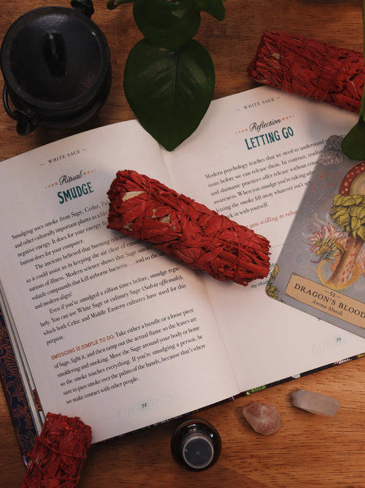 Handgemaakte smudge stick met witte salie en dragons blood voor reinigingsrituelen