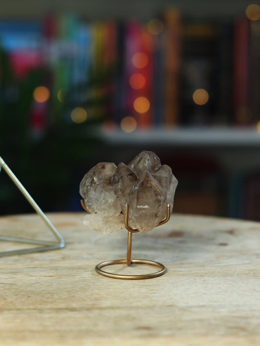 Unieke Elestial Smokey Kwarts op standaard — diepe transformatie & bescherming in één.